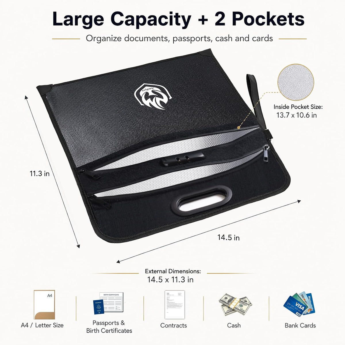 Andyer 2-Pocket Fireproof Document Bag with Lock, 6500℉ Fireproof Money Bag