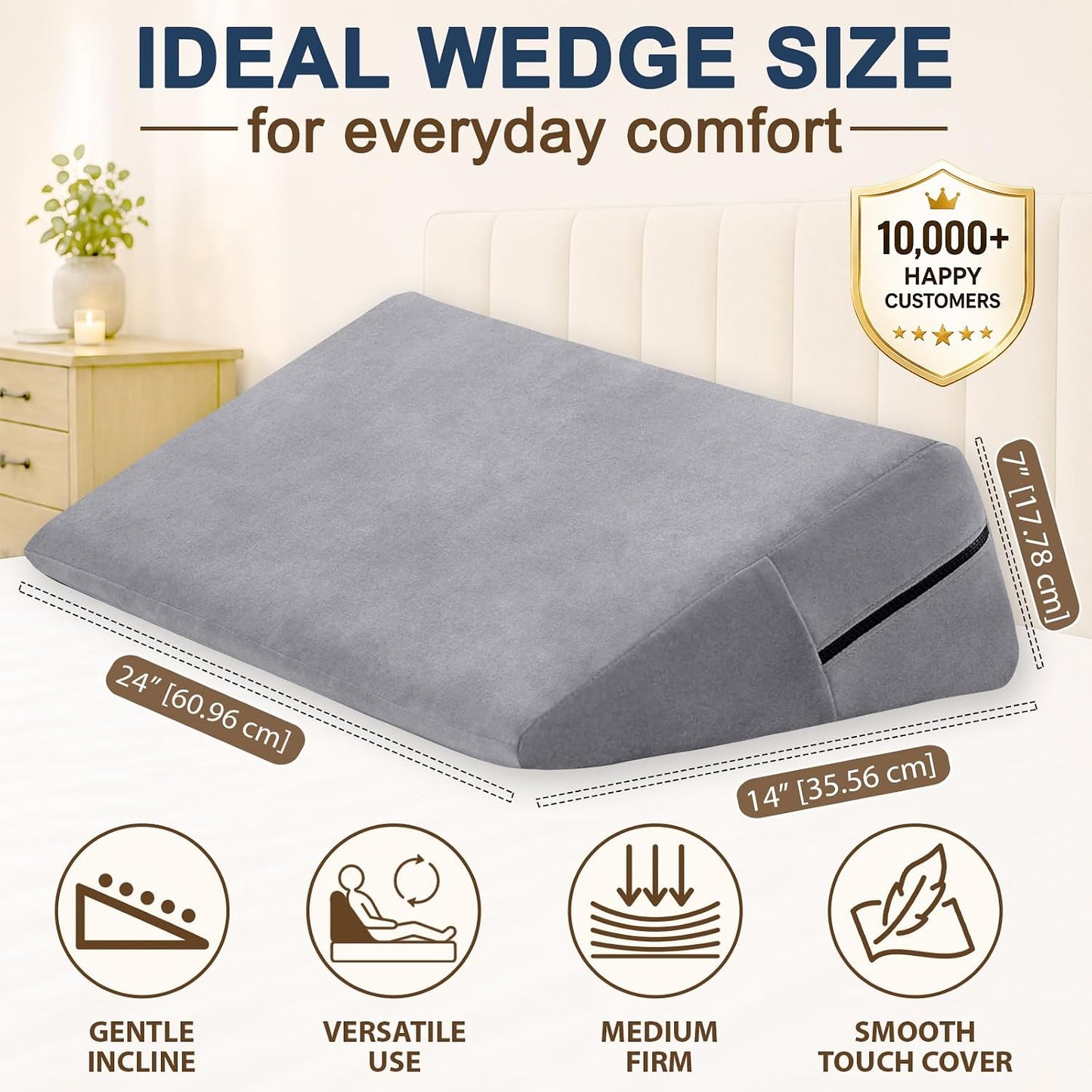 sokoro Bed Wedge Pillow for Sleeping, Small 7 Inch Compact Triangle Wedge Pillow for Acid Reflux, Sleep Apnea & Snoring Relief, Firm Incline for Back Support, Washable Cover (Grey, 24x14x7 in)
