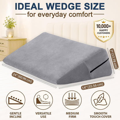 sokoro Bed Wedge Pillow for Sleeping, Small 7 Inch Compact Triangle Wedge Pillow for Acid Reflux, Sleep Apnea & Snoring Relief, Firm Incline for Back Support, Washable Cover (Grey, 24x14x7 in)