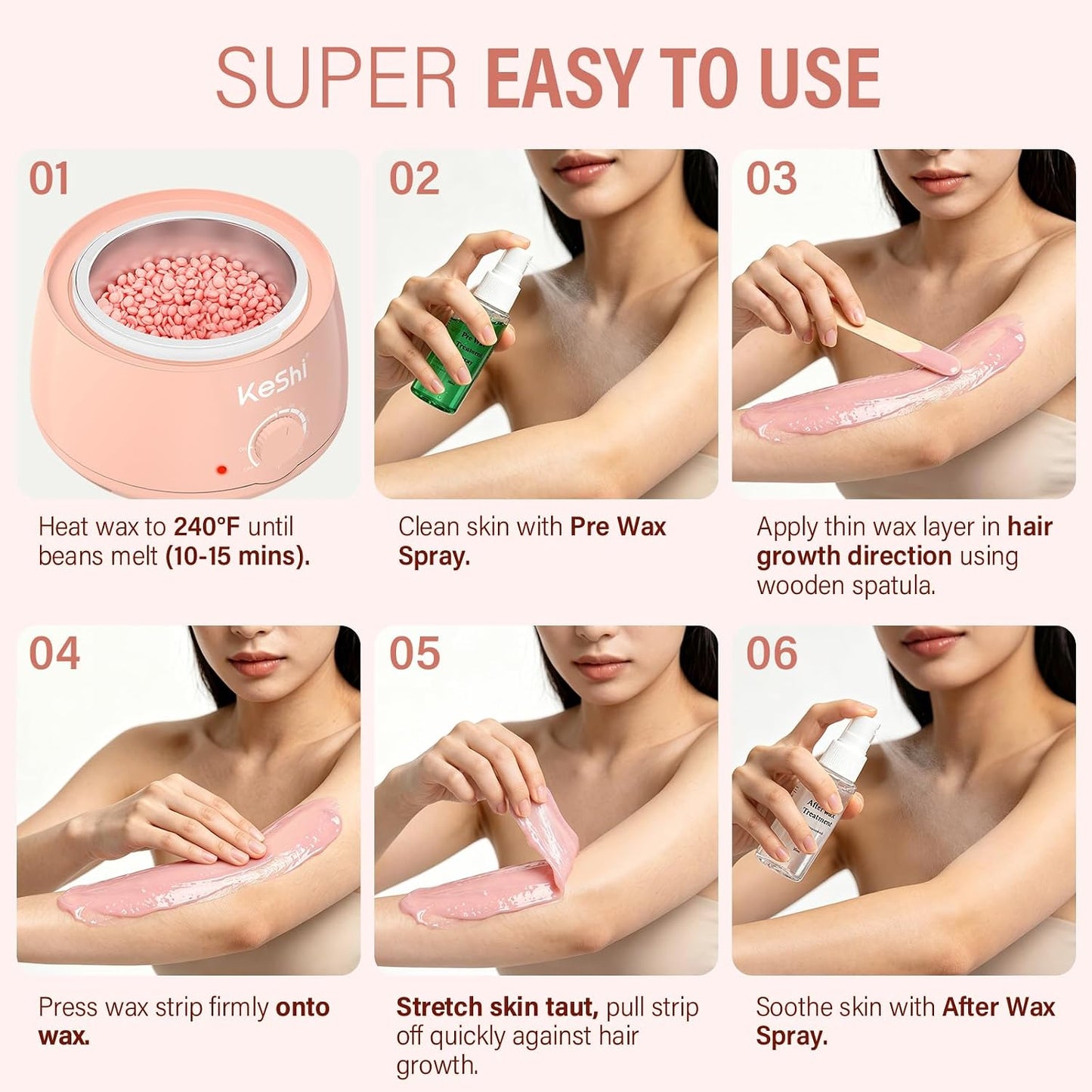 KeShi Waxing Kit, Painless Hair Removal Wax Warmer with 6 Bags Hard Wax Beans for Full Body, Legs, Face, Eyebrows & Bikini— Ideal for Both Women & Men