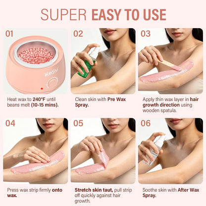 KeShi Waxing Kit, Painless Hair Removal Wax Warmer with 6 Bags Hard Wax Beans for Full Body, Legs, Face, Eyebrows & Bikini— Ideal for Both Women & Men
