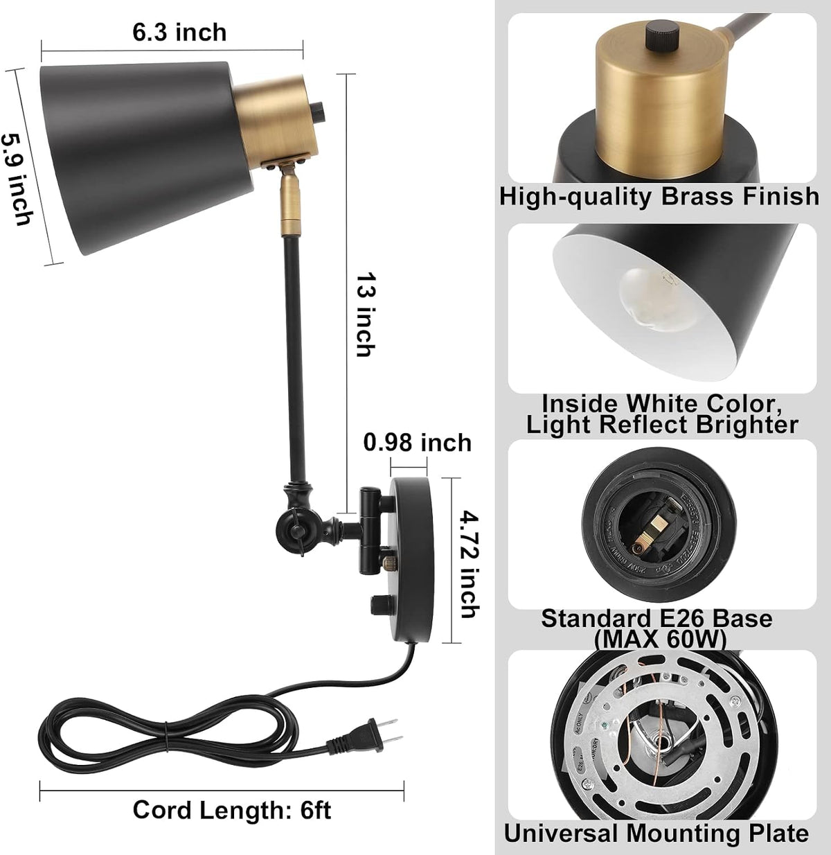 Dimmable Wall Lamp with Plug in Cord, ENCOMLI Plug in Wall Sconces Set of Two, Swing Arm Sconces Wall Lighting with On Off Switch, Metal Black Brass Industrial Wall Sconce Plug in Wall Light, E26 Base