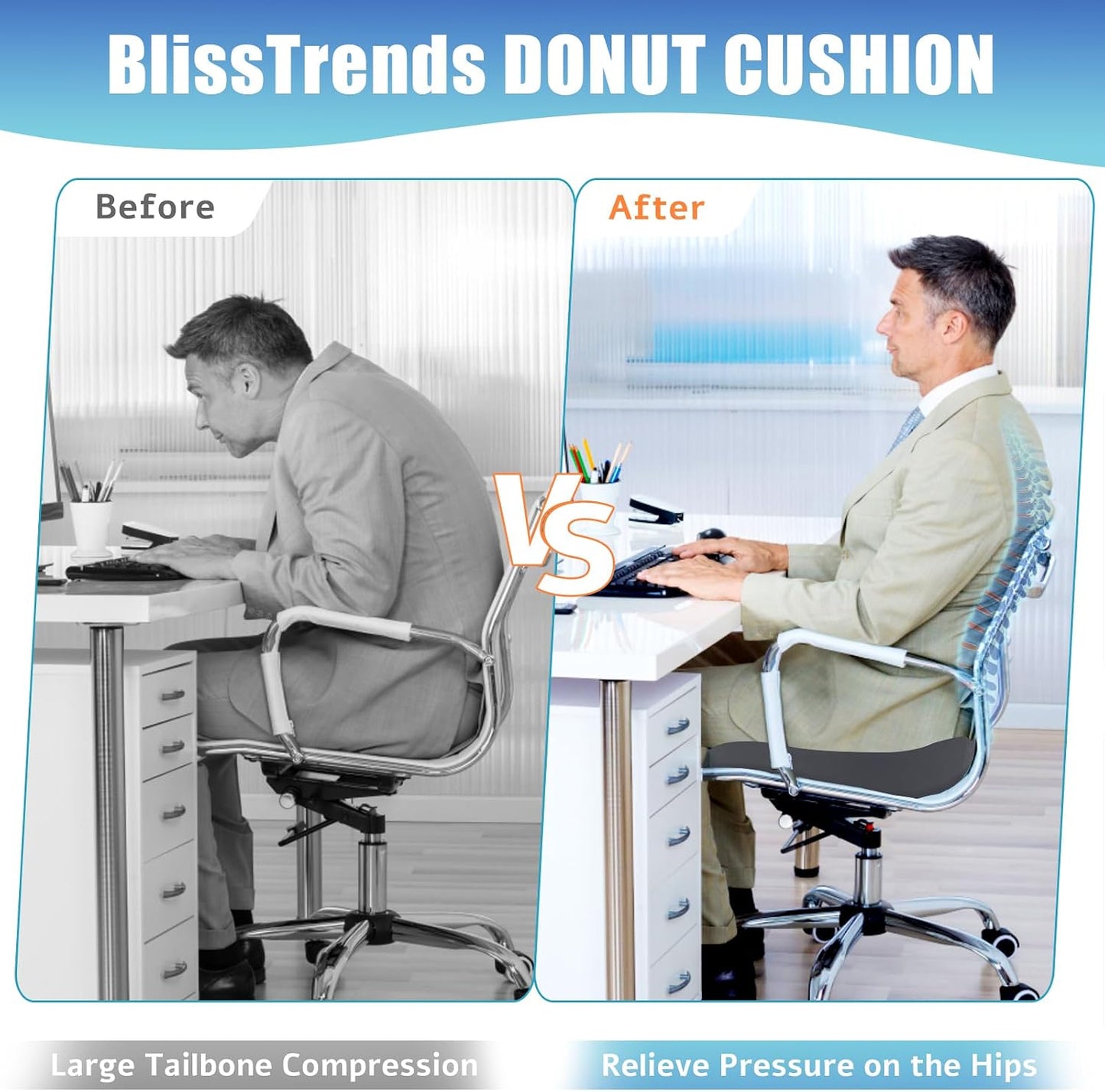 BlissTrends Donut Pillow Seat Cushion,Donut Chair Cushions for Postpartum Pregnancy & Hemorrhoids,Tailbone Pain Relief Cushion,Memory Foam Lifting Cushions for Office&Home Chairs (Black)
