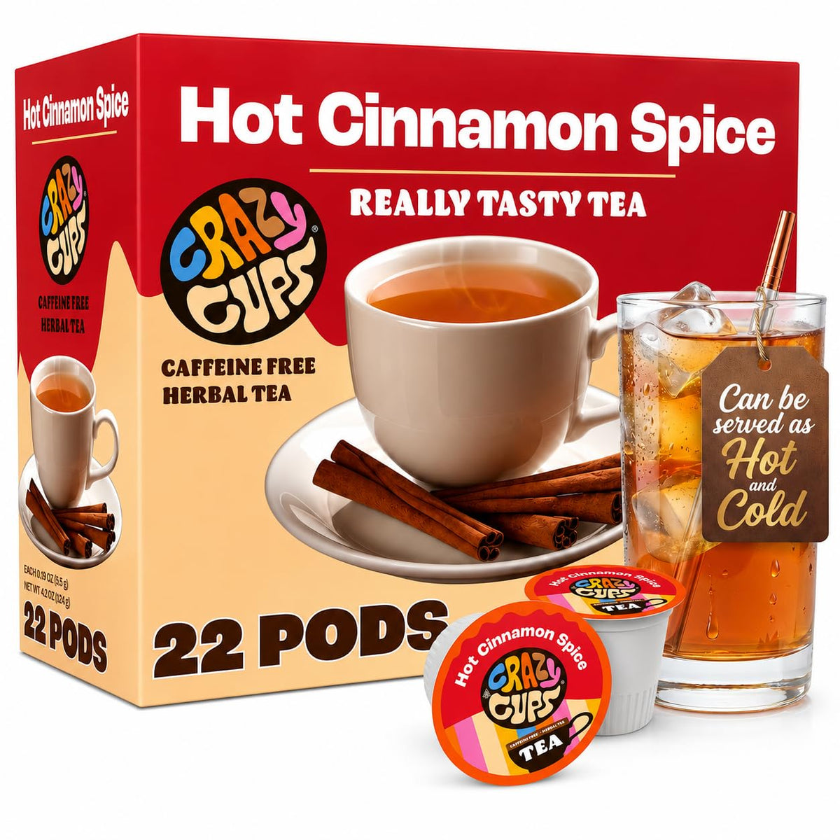 Crazy Cups Hot Cinnamon Spice Herbal Tea Pods, 22 Count | Caffeine Free, Kosher Certified, Warming Cinnamon & Star Anise Blend, K Cup Compatible Pods, Bold Spiced Flavor, Gluten Free, Vegan, Hot or Iced Herbal Tea