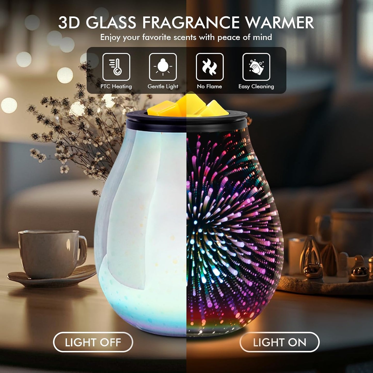 Wax Melt Warmer for Scented Wax- Glass Wax Melter for Home Fragrance with Removable Tray, Essential Oil Warmer Wax Cubes Burner Aroma Night Light for Home Office Bedroom Decor Gifts for Women
