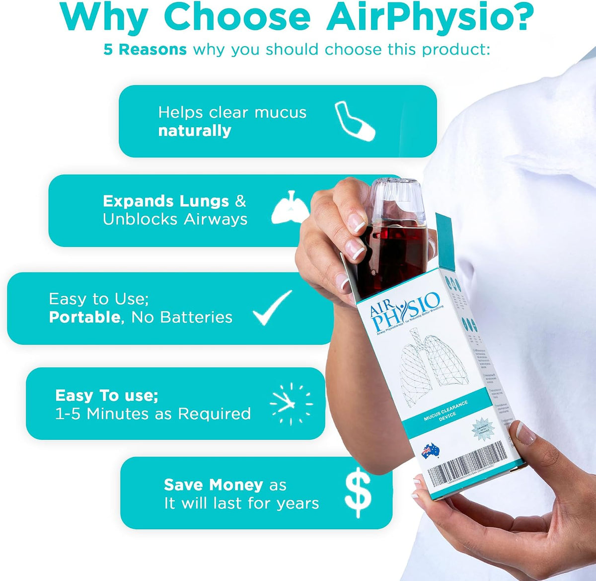 AirPhysio | Drug-Free Portable Breathing Trainer Device for Lungs | Breathe Better, Improve Lung Health & Mucus Clearance | Average Lung Capacity Device | Made in Australia