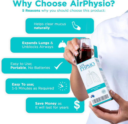 AirPhysio | Drug-Free Portable Breathing Trainer Device for Lungs | Breathe Better, Improve Lung Health & Mucus Clearance | Average Lung Capacity Device | Made in Australia