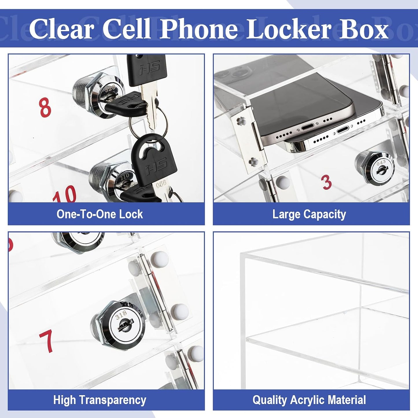 Layhit 20 Slots Cell Phone Locker Box for Classroom Clear Acrylic Cell Phone Storage Cabinet Bin with Door Locks for Classroom School Students Office Factory Employees
