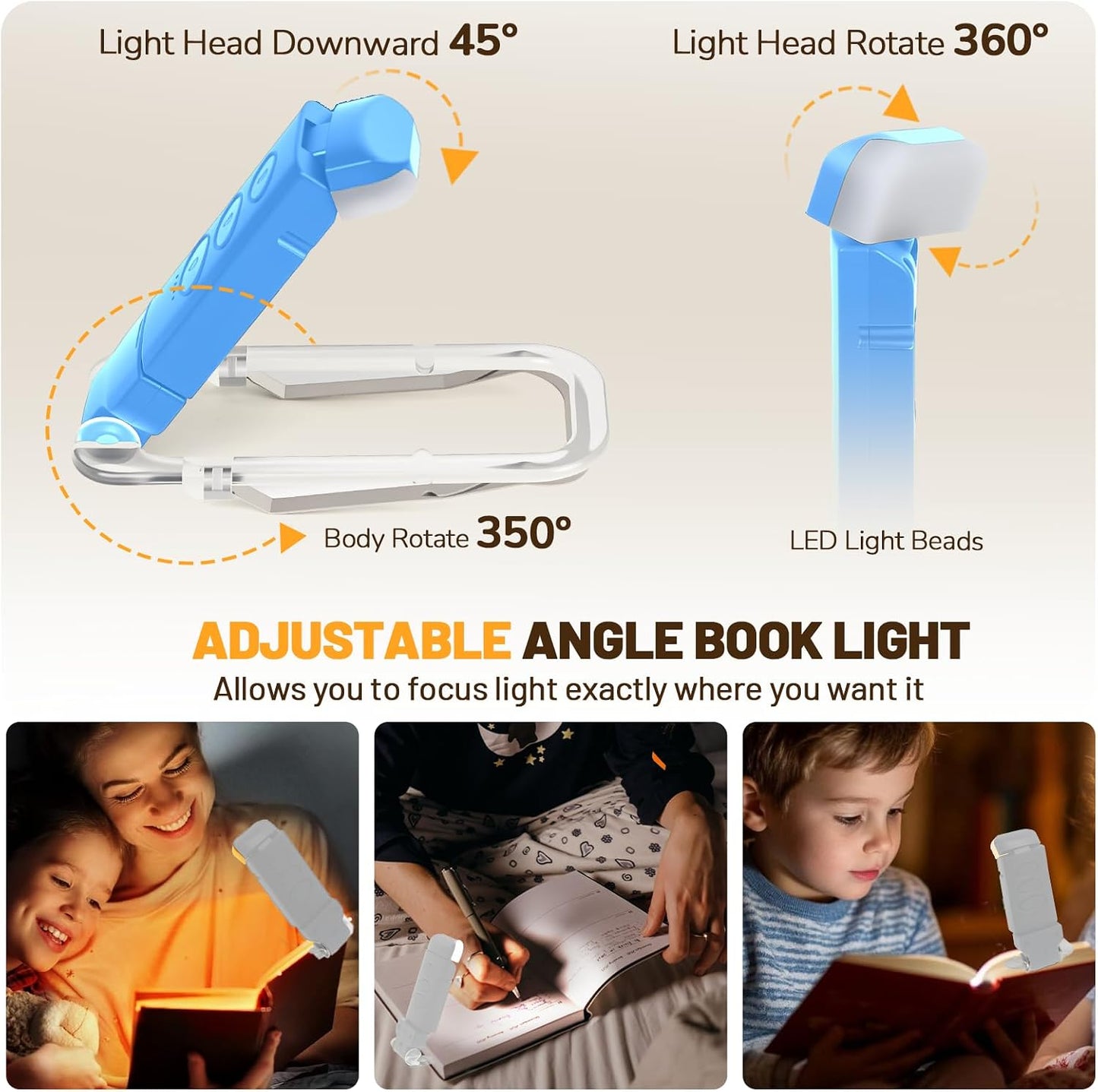 Book Reading Light Rechargeable Clip on Book Lamp with 3 Color Temperatures