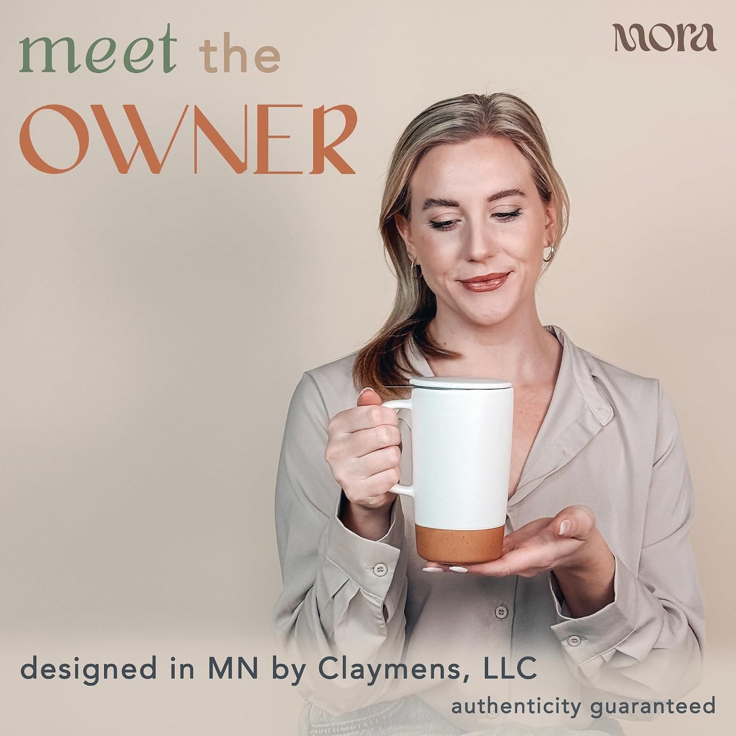 Mora Ceramics Large Tea Mug with Loose Leaf Infuser and Ceramic Lid, 18 oz, Portable, Microwave and Dishwasher Safe, Tall Coffee Cup - Rustic Matte Ceramic Glaze, Modern Herbal Tea Strainer, Olive