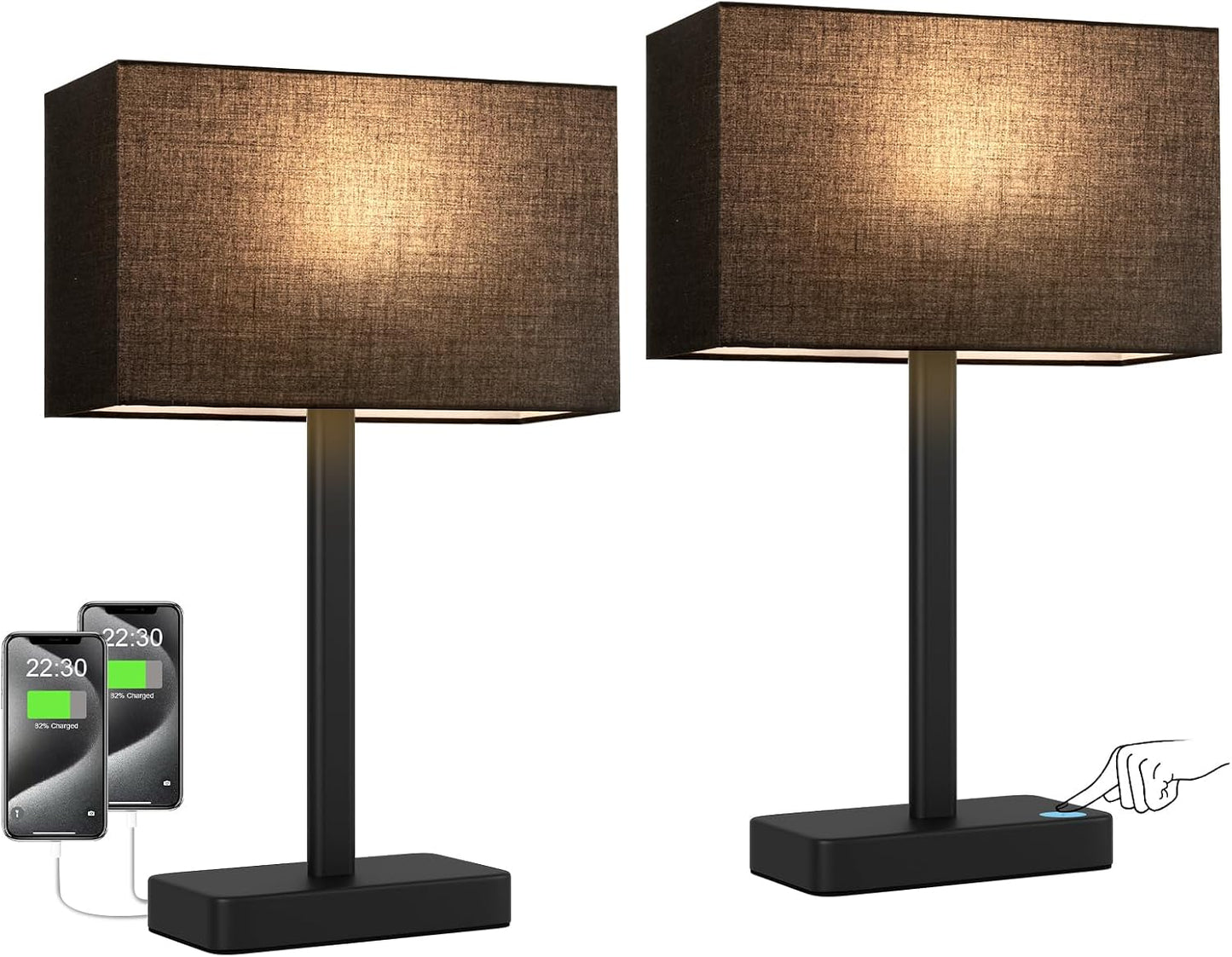 Hong-in Touch Lamps for Bedroom - 3-Way Dimmable Bedside Lamps Set of 2 with USB C+A, Grey Modern Table Lamp for Night Stands, Desk Lamp for Living Room Nightstand End Tables Bed Side