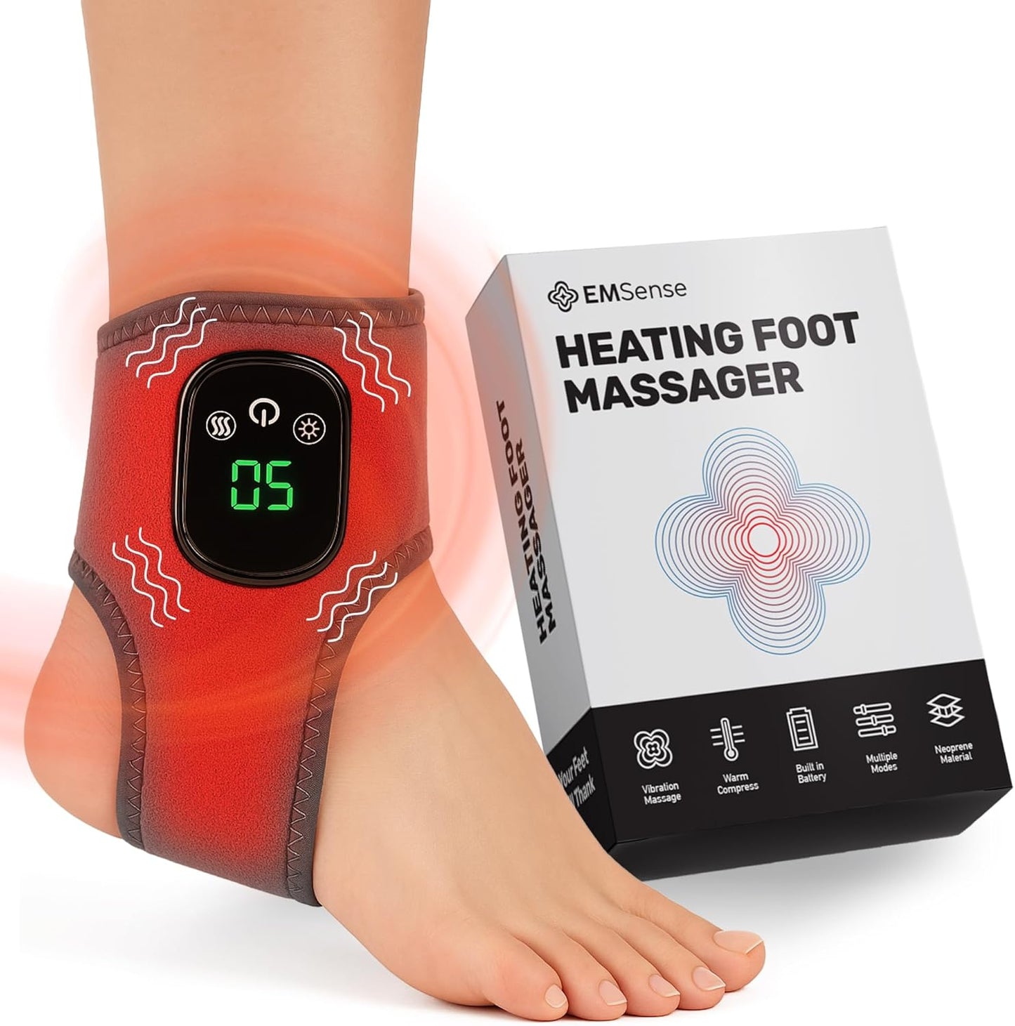 EMSense Heating Foot Massager - Cordless Vibration & Heat Therapy Wrap with 5 Heat Levels & 3 Vibration Modes for Tired Feet, Ankles & Lower Calf, USB-C Rechargeable - 1 Pack