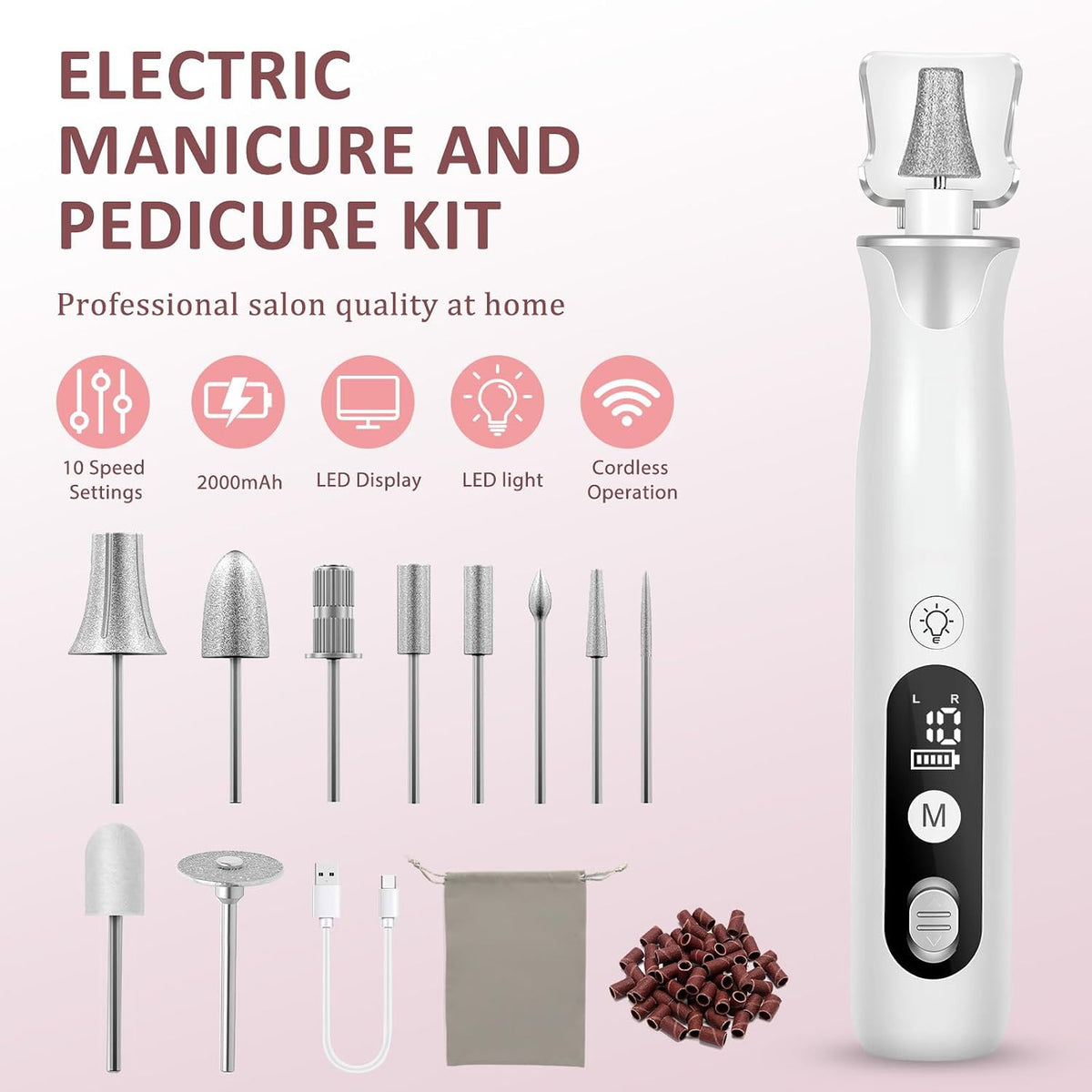 ZABOUL Electric Nail Drill, Professional Nail Filer Buffer Rechargeable Manicure Pedicure Kits for Acrylic Nails Gel Polishing Removing Manicure Salon Home