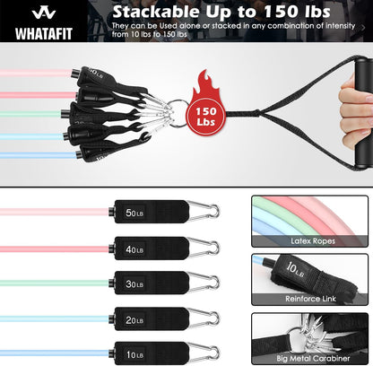 WHATAFIT Resistance Bands, Exercise Bands, Workout Bands with Handles, Door Anchor and Ankle Straps, 5 Resistance Levels Fitness Bands for Strength Training, Physical Therapy, and Home Gym Equipment