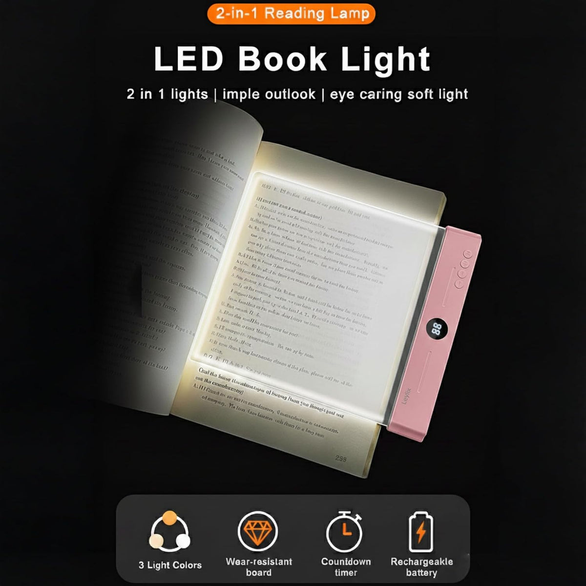 XL LED Flat Book Light for Reading at Night in Bed, Matte Pink