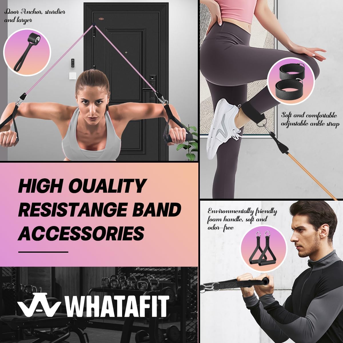 WHATAFIT Resistance Bands, Exercise Bands, Workout Bands with Handles, Door Anchor and Ankle Straps, 5 Resistance Levels Fitness Bands for Strength Training, Physical Therapy, and Home Gym Equipment