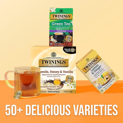 Twinings Camomile, Honey & Vanilla Herbal Tea Individually Wrapped Bags, 100 Count (Pack of 1), Naturally Caffeine-Free, Enjoy Hot or Iced, 100 Teabags