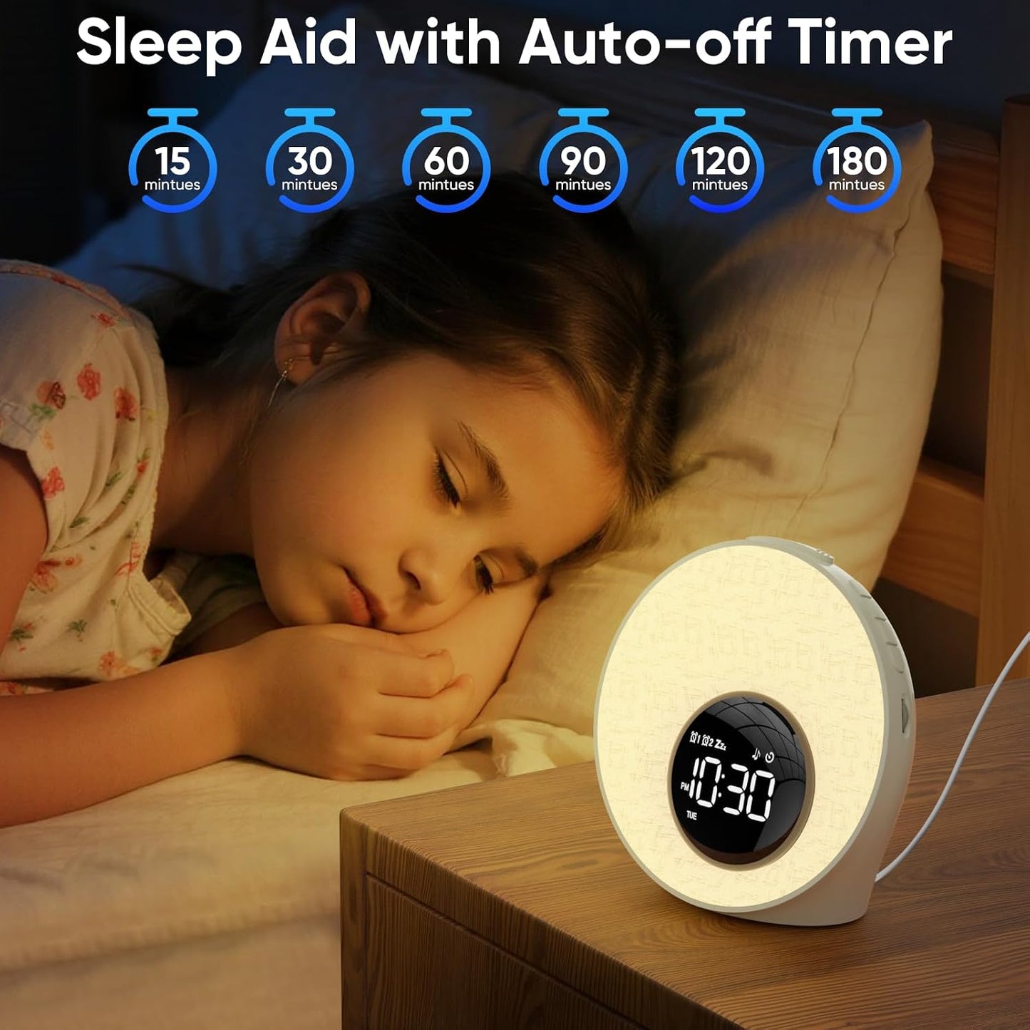 AFEXOA Sunrise Alarm Clock with Wake Up Light, White Noise Machine with 30 Soothing Sounds, 8 Color Dimmable Night Light, Dual Alarms for Heavy Sleepers/Adults/Kids