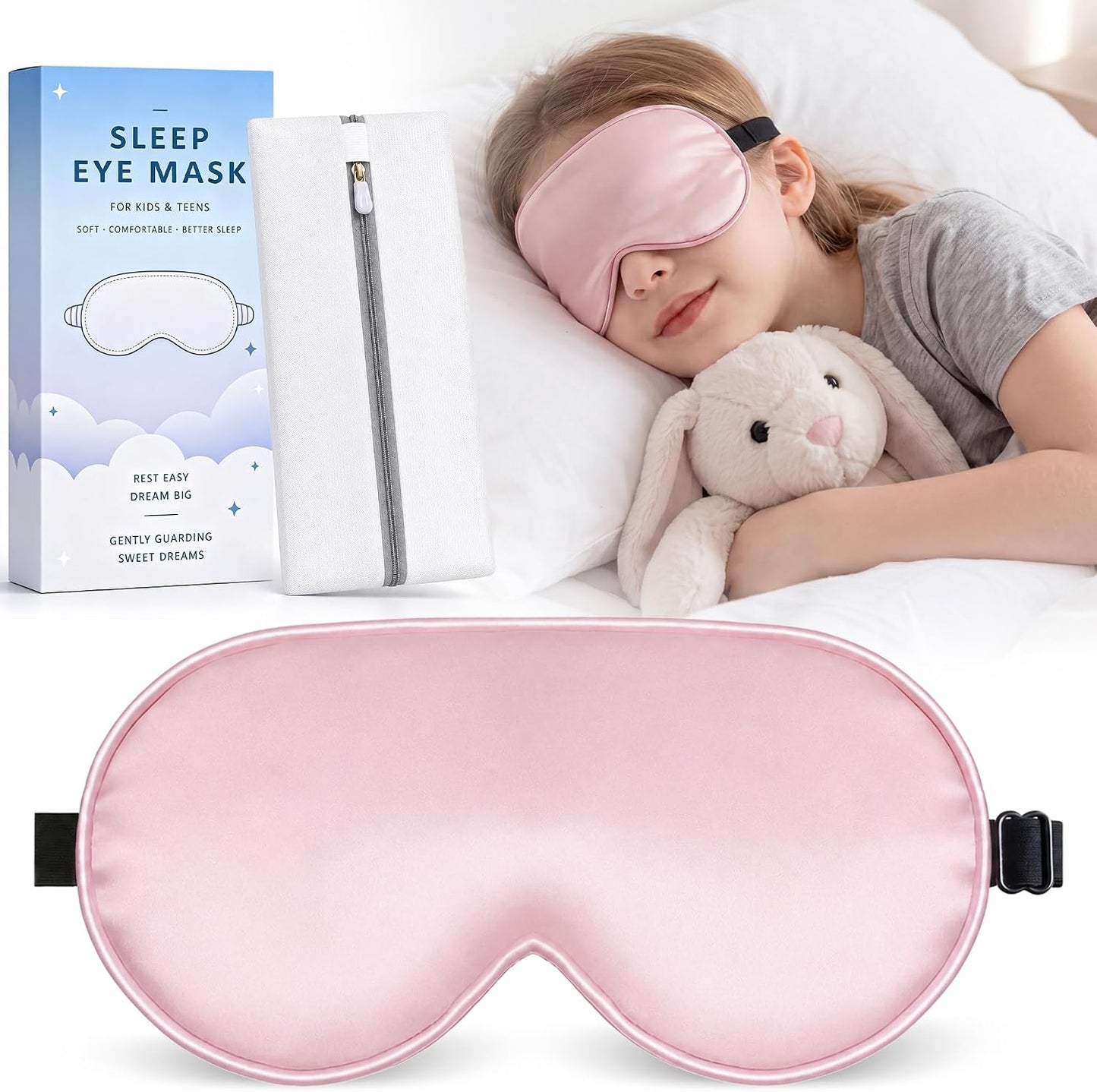 Kids Sleep Mask, Soft Eye Mask for Boys Girls with Adjustable Strap, Silk Light Blocking Sleeping Mask for Naps, Travel and Night Sleep, Includes Laundry Bag (Black)