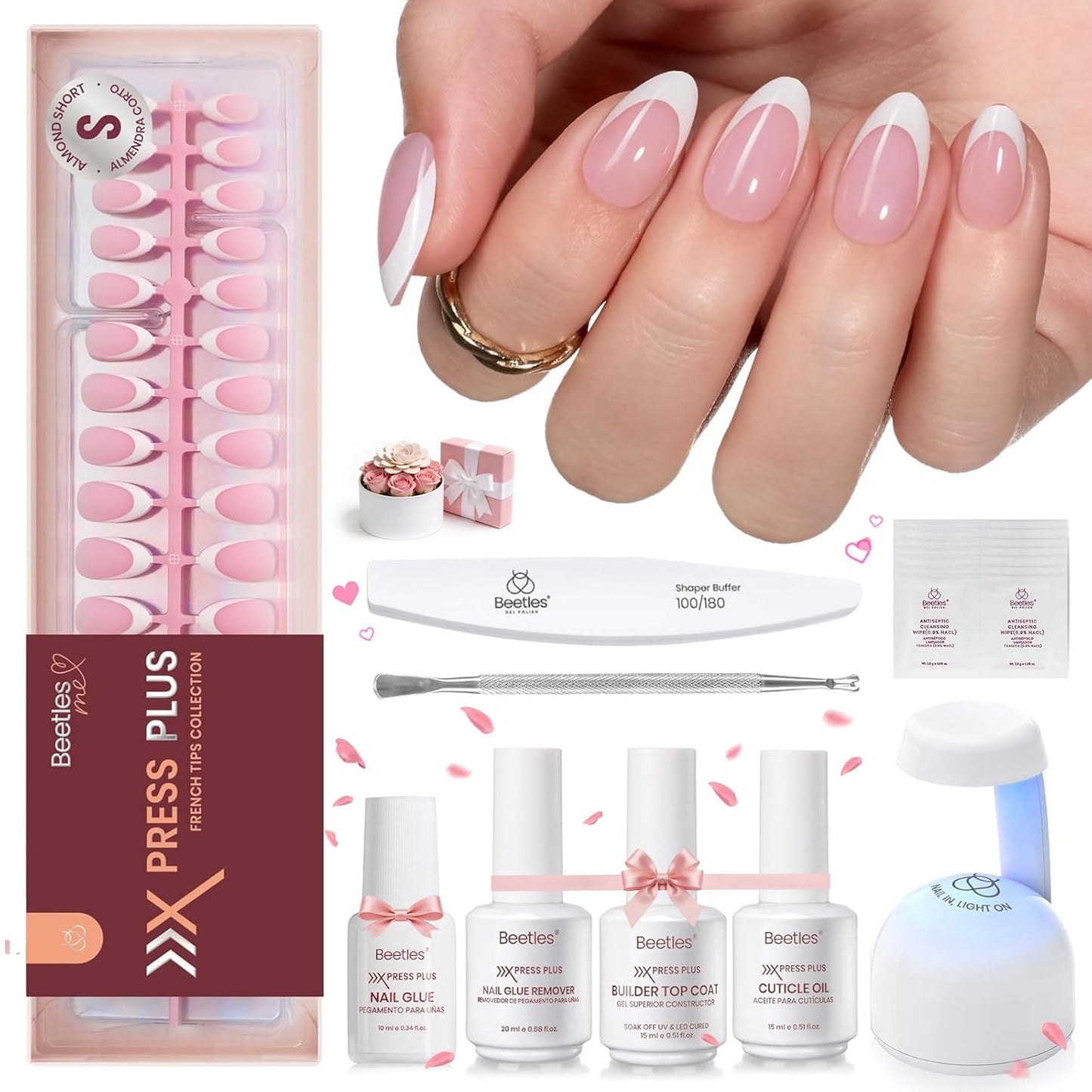Beetles Press On Nail Kit-Short Square French Tip Press On Nails, 150Pcs Pink French Nail Tips with Nail Glue & Remover Builder Top Coat Nail Lamp, All-in-One DIY Fake Nails Gift for Women