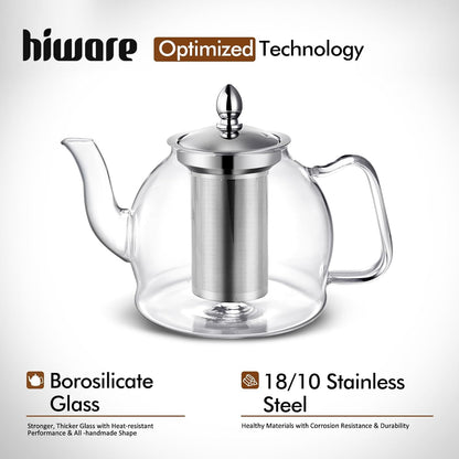 HIWARE 1000ml Glass Teapot with Removable Infuser, Stovetop Safe Tea Kettle, Blooming and Loose Leaf Tea Maker Set