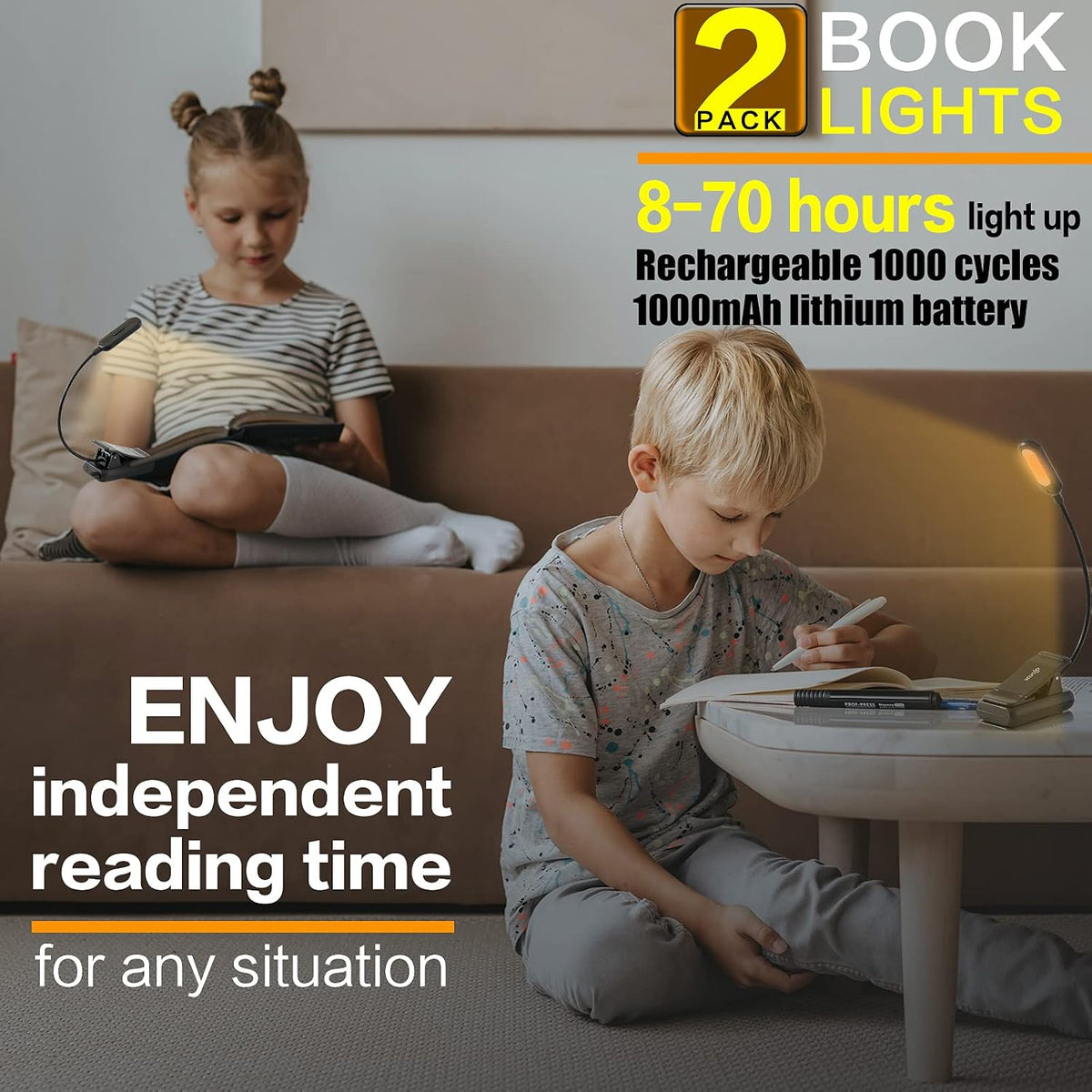 VAVOFO Amber Rechargeable Reading Light, Blue Light Blocking Book Light, 7 LEDs Eye Care 9 Colors 9 Brightness Clip On for Kids Bookworms Reading in Bed with Power Indicator Lasting 70h (Black)