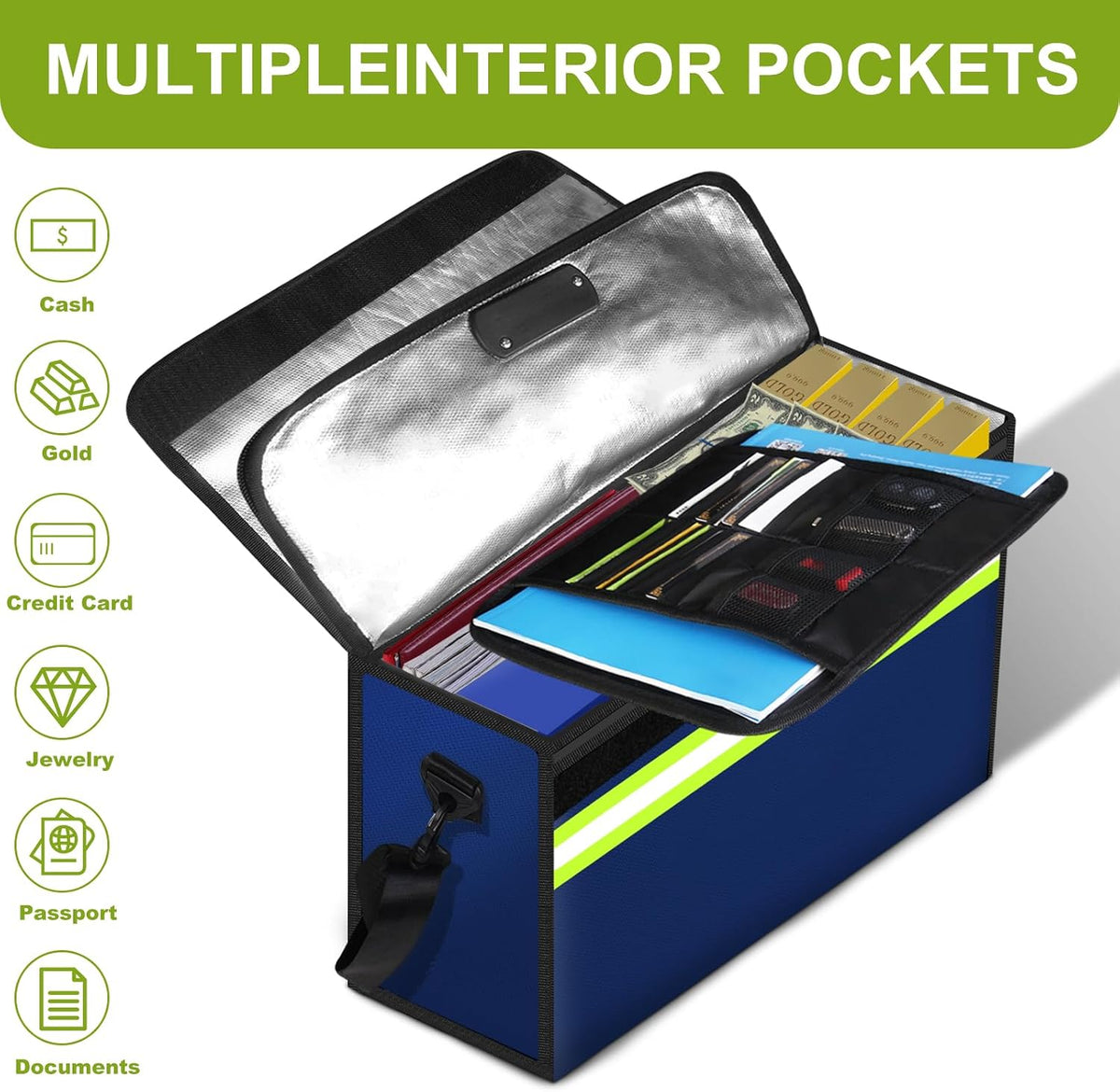 6500°F Fireproof Document Bag with Lock-Fireproof Box with 10 Layers Insulation Materials&Waterproof Zipper,Removable Wallet,Reflective Strip for Cash,Documents,Jewelry(14.2”x 9.6”x 4.1”)
