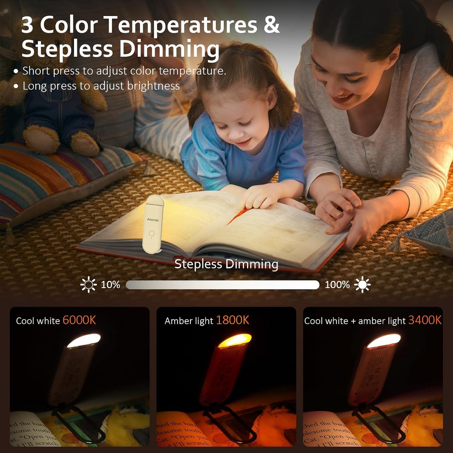 Akomid USB Rechargeable Book Light for Reading in Bed, 8 LEDs Bookmark Style Clip on, Eye-Cared Amber Light Mode for Kids, Blue Light Blocking, Stepless Dimming,Khaki
