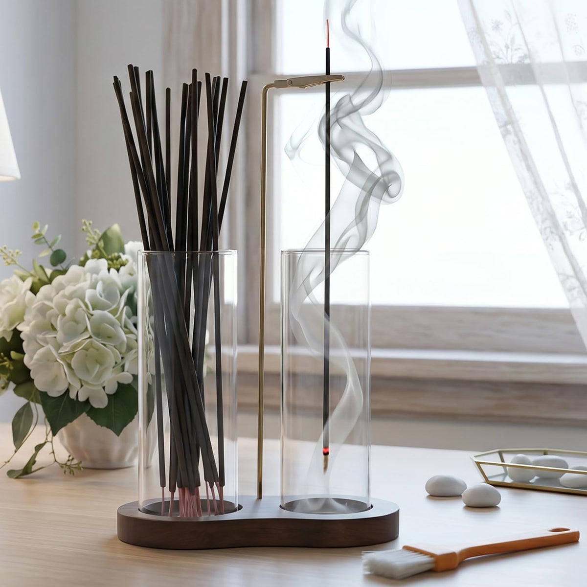 2 in 1 Anti-Ash Incense Holder for Sticks, Upside Down Hanging Incense Burner with Removable Glass Ash Catcher and Wooden Base, Modern Vertical Zen Decor for Home Office Yoga Meditation Room（Clear）