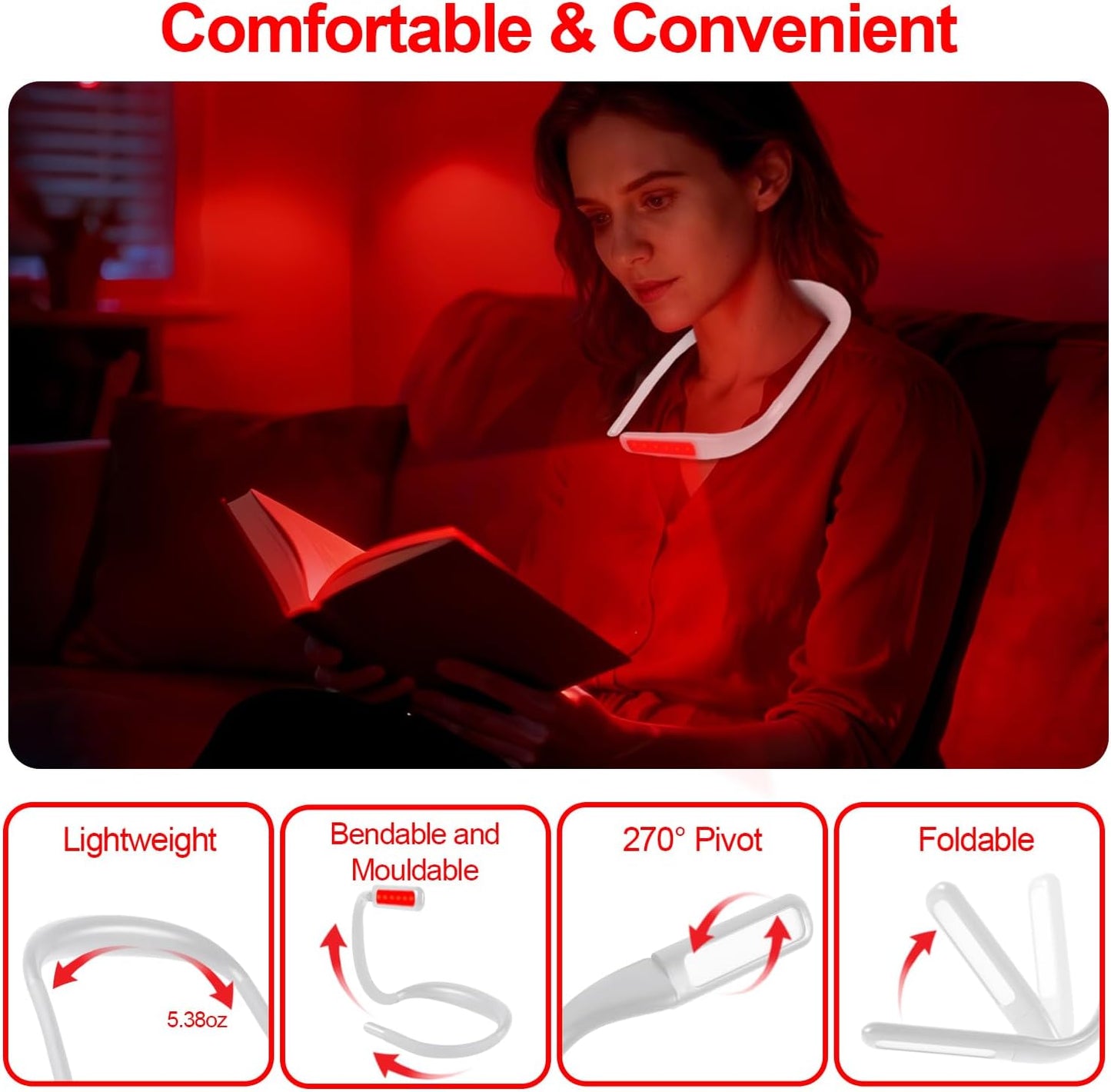 630nm Red Neck Reading Light - Zero Blue Light, Rechargeable Dimmable Portable LED Red Neck Book Lamp for Reading, Crafts, Knitting, Crochet at Night, Ideal Gift for Readers and Craft Lovers