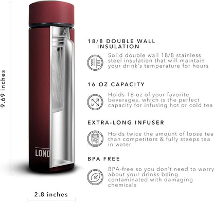 London Sip Multi-Purpose Tea Infuser Travel Mug and Tumbler Fruit Infuser Flask Hot and Cold Double Wall Stainless Steel Thermos with Extra-Long Infuser, Midnight Teal