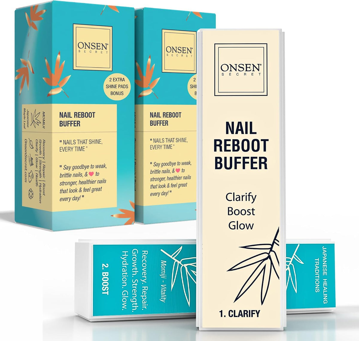 Onsen Secret Professional Nail Buffer Block | 4-Way Buffing for Natural Shine & Healthy Natural Nails - Includes 2 Extra Shine Pads, Salon-Quality, Post-Gel & Acrylic Recovery | 1 Pack