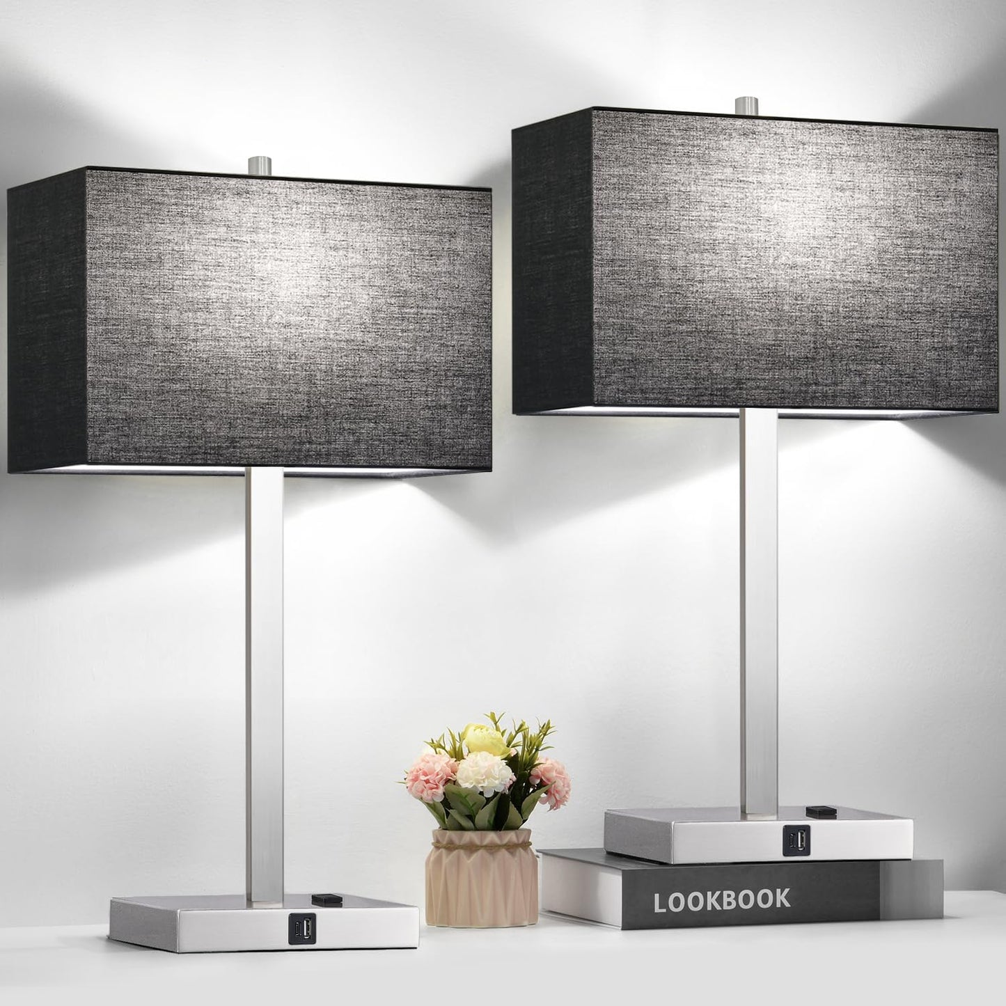 21" Touch Bedside lamps with 2 USB & AC Outlets, 3-Way Dimmable Bedside Table Lamps Set of 2 for Bedroom Living Room Office Reading, Gray Shade Lamps for Night Stands, 5000K LED Bulbs Included