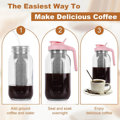 Cold Brew Coffee Maker,64 oz Mason Jar Pitcher with Stainless Steel Filter, Pour Spout Handle Lid, Heavy Duty Glass Airtight & Leak-Proof for Iced Coffee,Tea & Lemonade