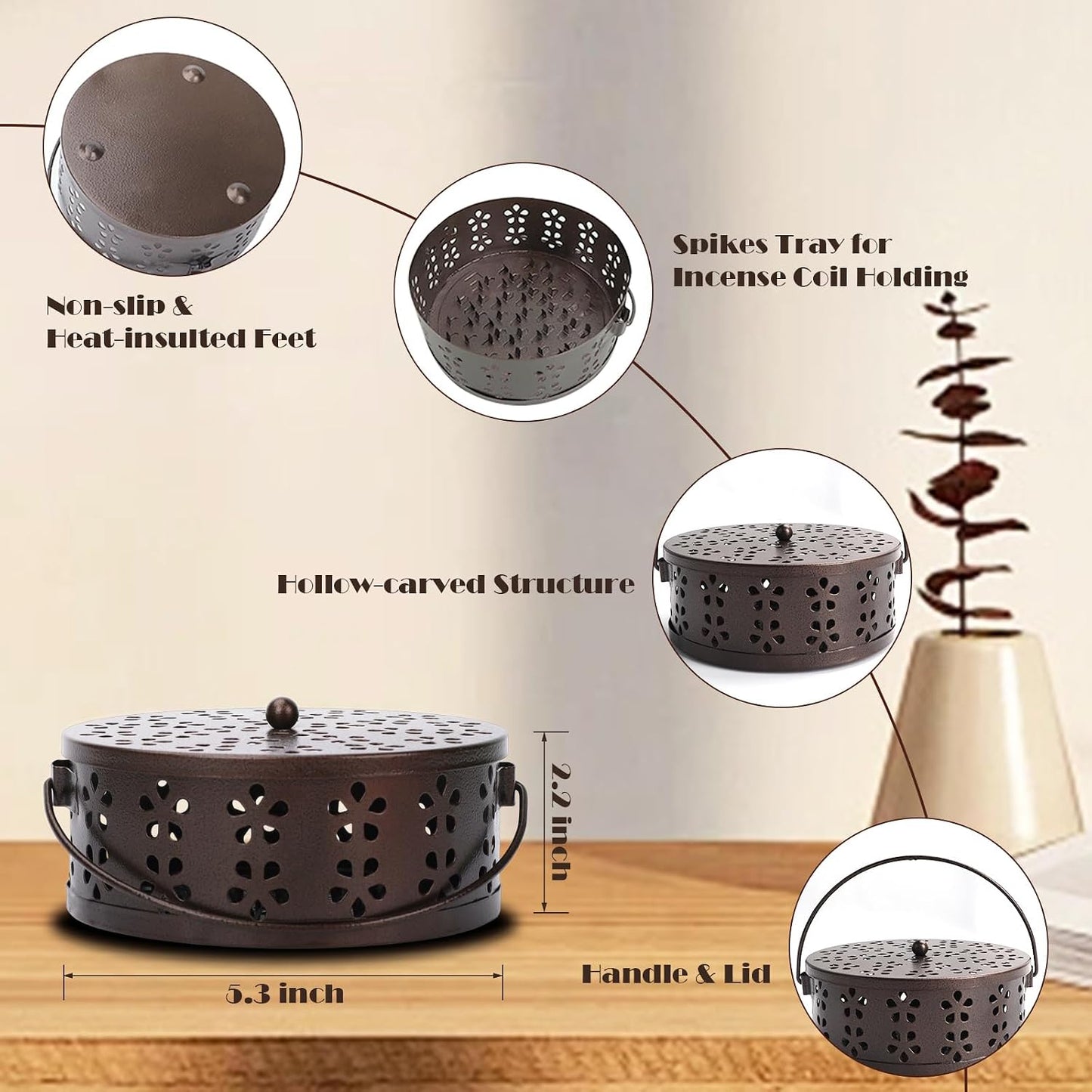 2 Pack Mosquito Spiral Coil Holder Outdoor Hanging Coil Incense Holder with Lid and Handle Citronella Incense Coil Holder (Bronze/Bronze)