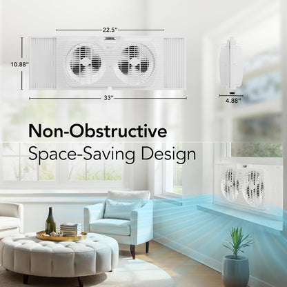 Comfort Zone Twin Window Fan with Reversible Airflow Control, 9 inch, Auto-Locking Expanders, 2 Speed Fan, Dual Fan, Exhaust, Airflow 9.84 ft/sec, Ideal for Home, Kitchen, Bedroom & Office, CZ319WT
