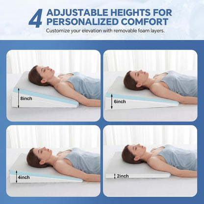 Adjustable Wedge Pillow, Q-max 0.35 Cooling Cover, 4 Heights Incline Pillow | 4 Adjustable Heights (2,4,6,8in), Memory Foam, Breathable Washable Cover, for GERD/Snoring/Back Pain/Leg Elevation