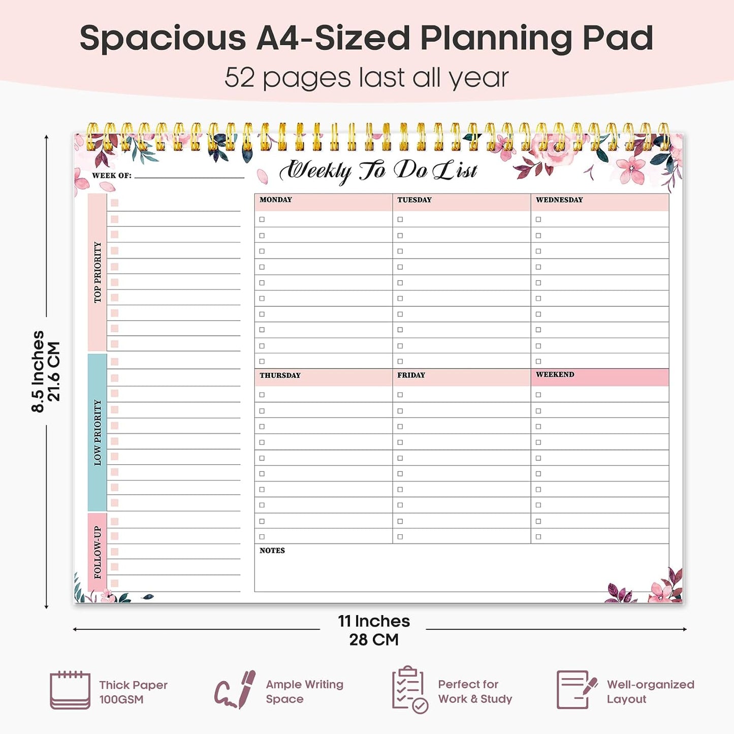 Taja Weekly To Do List Notepad with 52 Undated Sheets（8.5"×11"）- Weekly Desk Planner for Women & Man, Work and Home -1 Pack Violet Dream