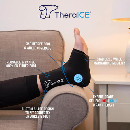 TheraICE Ankle Ice Pack Wrap for Swelling & Sprained Ankle Brace for Women Men, Cold Therapy Foot Heel Spur Support Compression Socks, Plantar Fasciitis & Achilles Tendonitis Sore Feet Pain Relief