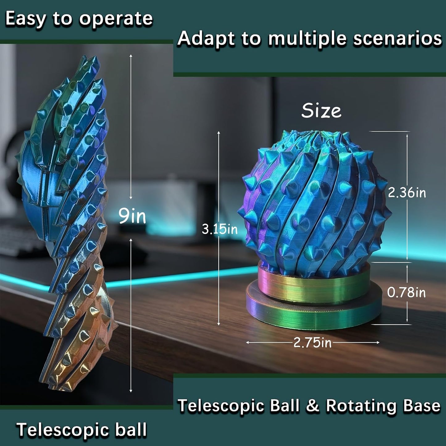 Spiky Retractable Ball, Cool 3D Printed Fidgets, Sharp Spiral Noisy Ball, Suitable for Adults to Relieve Stress and Anxiety, Office Opening Remarks, Killing Time (with Rotating Base)