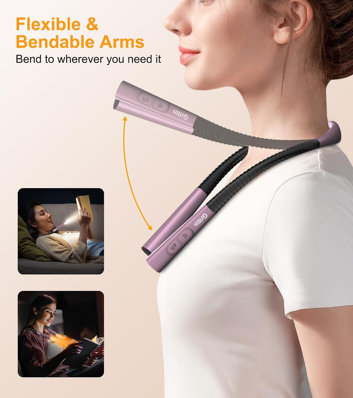Gritin Book Light,Eye Caring 3 Colors & Stepless Dimming Neck Reading Light