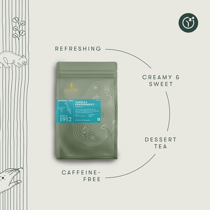 Luxmi Estates Vanilla Peppermint Herbal Tea, 50 Biodegradable Tea Bags (100g, 3.5oz, 50 Cups) | Caffeine-Free Two-Ingredient Blend with Real Peppermint Leaf & Natural Vanilla | Soothing After-Dinner Bulk Pack, Vegan