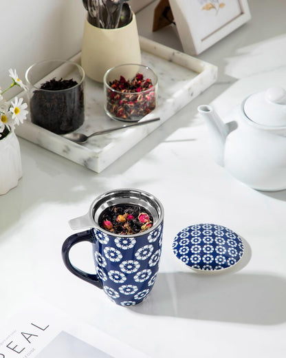 vancasso SELENE Porcelain Tea Mug, 18 oz Porcelain Tea Cup with Infuser and Lid Steeps Loose Leaf Tea, Microwave & Dishwasher Safe, Blossom Cluster