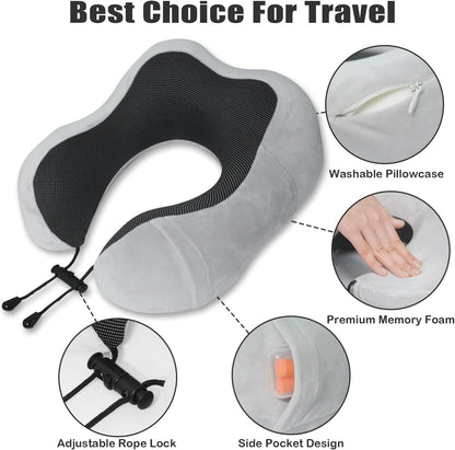 Travel Pillow, Memory Foam Neck Pillow for Traveling, U Shape Neck Pillow Airplane Portable Flight Pillow Travel Kit with 5D Contoured Eye Masks and Earplug for Plane Train Car Home Office