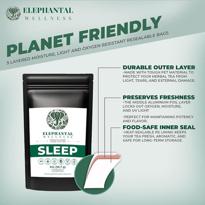 Elephantal Wellness Premium Sleep Herbal Tea | Botanical Blend with Valerian Root, Passionflower, Chamomile, Lemon Balm & Skullcap | Handmade, Caffeine-Free, Non-GMO Loose Leaf Blend, 2oz, 20 Servings
