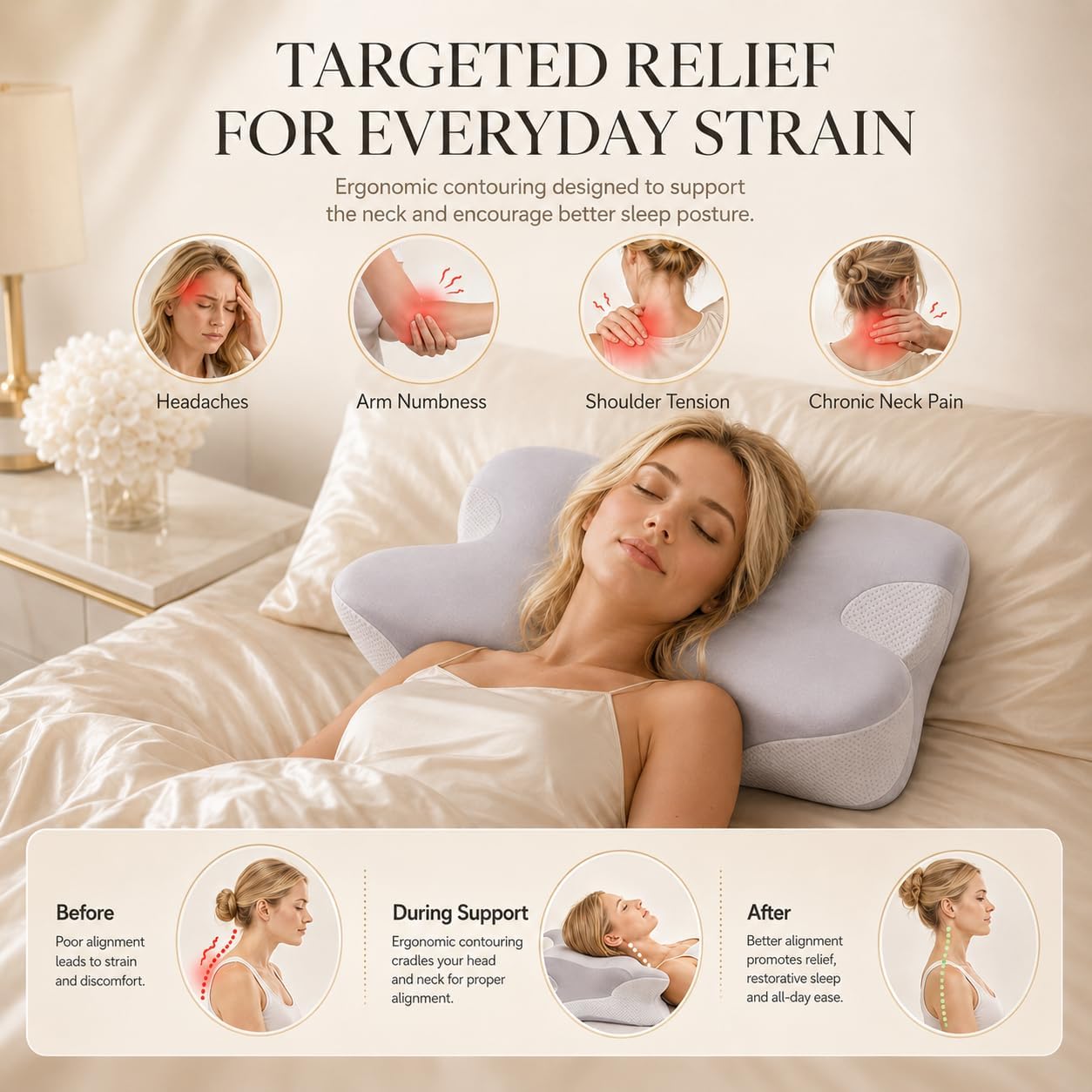LUNINA Cervical Pillow for Neck Support, Memory Foam Contour Pillow | CertiPUR-US Certified, Medium-Firm Support