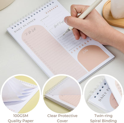 Daily Planner To Do List Notepad 60 Undated Pages,Coral,Twin-ring Spiral Bindling 6x9 Inch Desktop Daily Planning Notepad with Protective Cover,Notebook for Daily Tasks, Water Intake, Habit Tracker