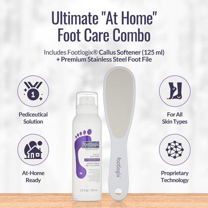 Footlogix Foot Care Callus Softener Combo - Callus Remover Spray & Double-Sided Foot File for Dry, Cracked Heels, Pedicure Tools for Feet, Foot Exfoliator
