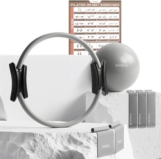 PhysKcal Pilates Kit, 15-Inch Pilates Ring with 1x Pilates Ball & 5X Bands | Aesthetic Home Pilates Equipment Set, Essential Kit for Beginners in Minimalist Style. Comes in Premium Packaging