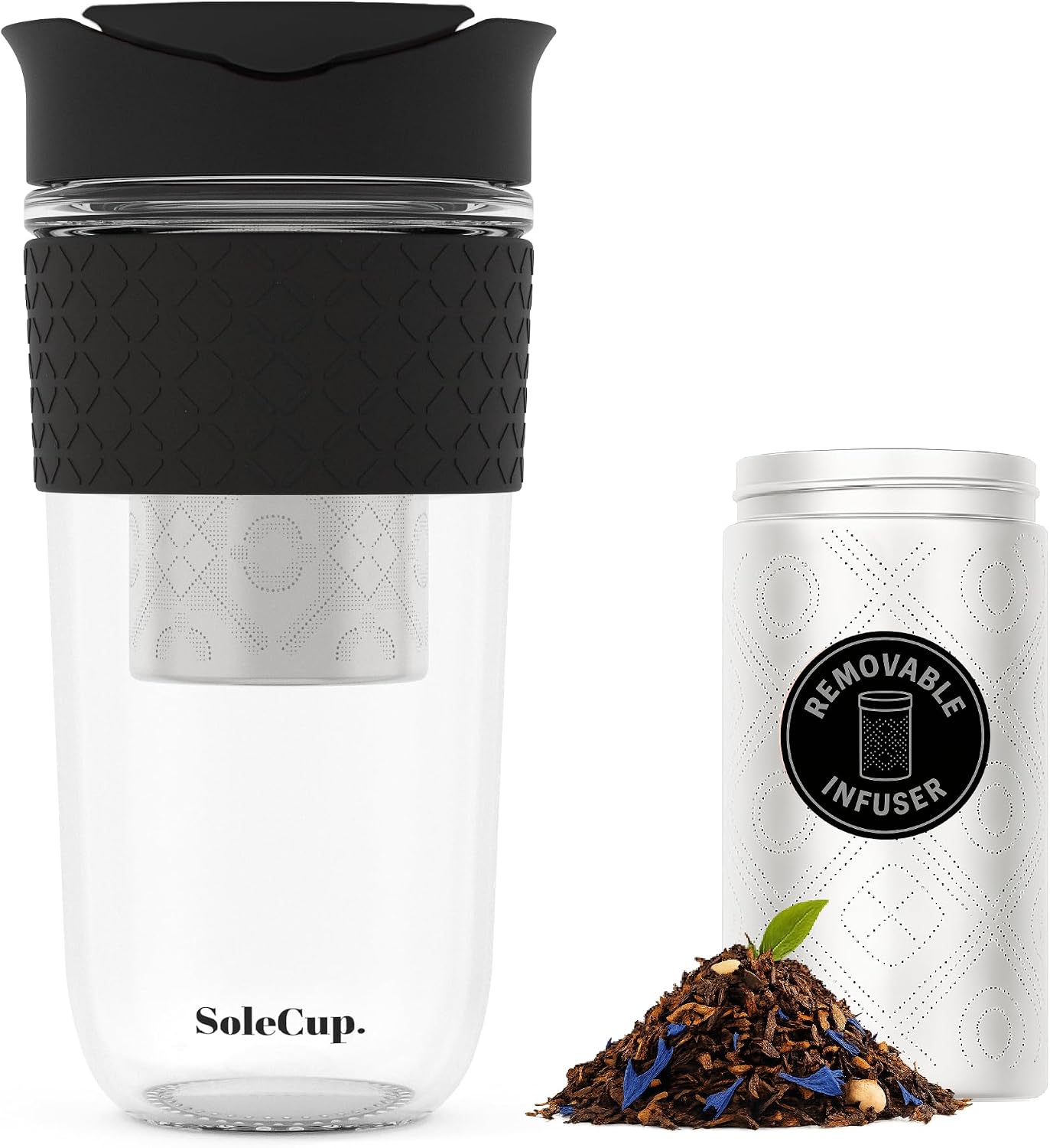 Large Travel Mug Loose Tea Infuser - Detachable Tea Strainer with Spill Proof Lid - 18oz/530ml BPA-Free Reusable Glass Travel Coffee Cup with Silicone Band (Ice Cream, 18oz)